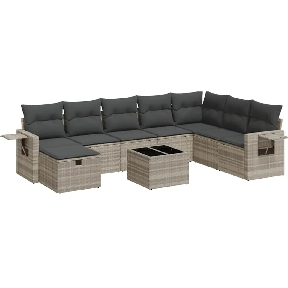 vidaXL 9-delige Loungeset met kussens poly rattan lichtgrijs grijs, foto 3