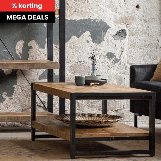 Mahom Mangohouten Salontafel Britt tweelaags 110 cm Mahom Industrieel - Kleine tafel van Mangohout & Metaal - Industriële Huiskamertafel Bruin