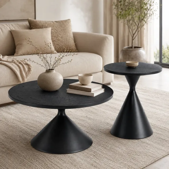Ropilly Ronde salontafel set van 2 - Zwarte houtnerf look - MDF en metaal - Woonkamer - Zwart