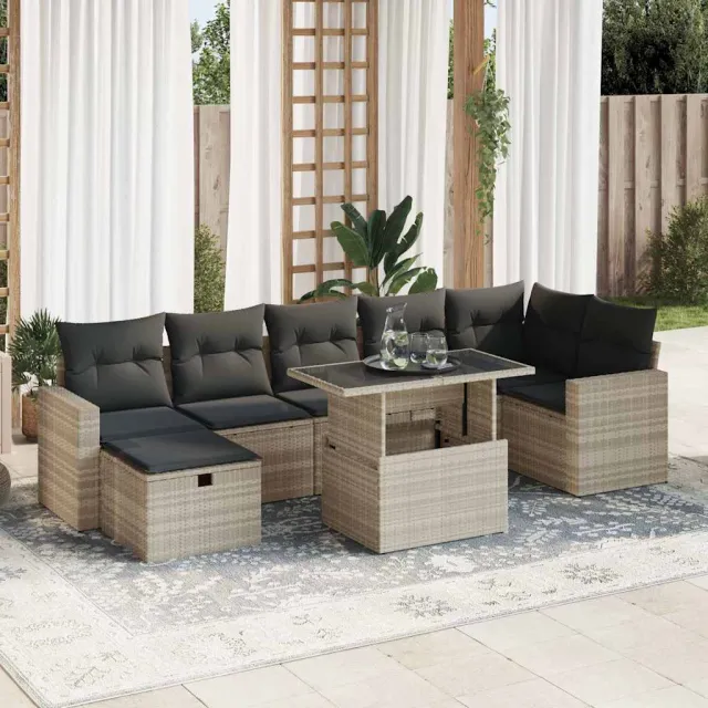 vidaXL 8-delige Loungeset met kussens poly rattan lichtgrijs grijs, foto 2