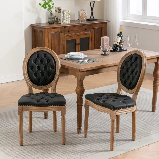 Sweiko Eetkamerstoel – Set van 2 – Frame van verouderd massief hout – Ovale rugleuning met tufting – Zitkussen van PU-leer – Zwart