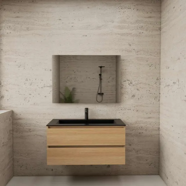 Boss & Wessing ACTIE BWS Badmeubel | Paris | Naturel Eiken 100 cm | Mat Zwart Wastafel | 1 of 2 Kraangaten