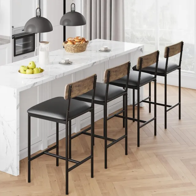 Triumpunpre Set van 4 barstoelen, keukenbarstoelen met voetsteun, 64,8 cm hoge gestoffeerde stoelen met rugleuning, 4 barstoelen op aanrichthoogte voor bar en keukeneiland, eenvoudige montage bruin