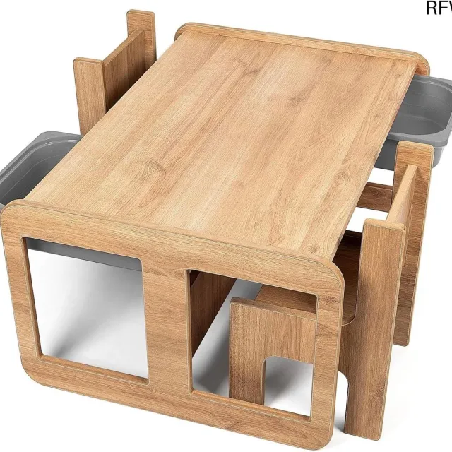 RFWR Kindertafel met opberglades en 2 stoelen - Multifunctionele speeltafel en tekentafel voor kinderen - Houten ontwerp - 80x60 cm Houtkleur