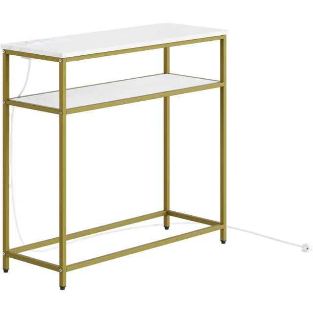 SoBuy Haltafel - Haltafel met lades en ingebouwd stopcontact - Hal tafeltje met marmerlook blad en 2 open planken - Goud en wit metaal, hout | FSB106-E-G Creme wit