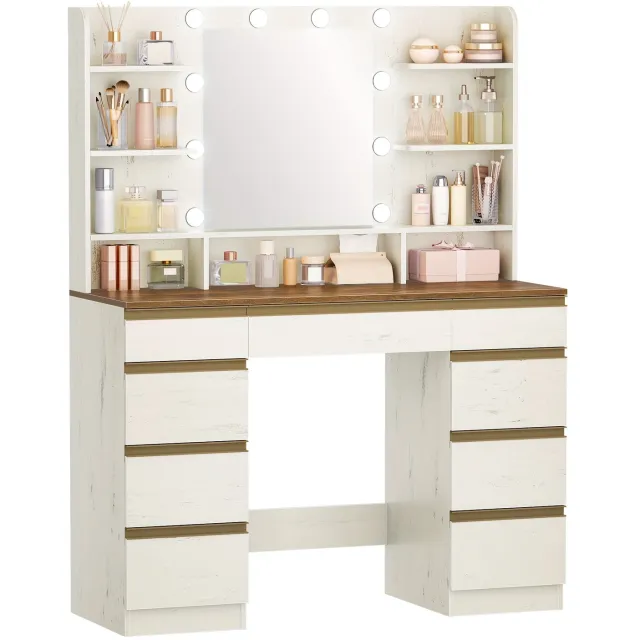 Mura Logistiek Mura Kaptafel - Sminktafel - 10 Led-lampen - 9 Lades - Wit