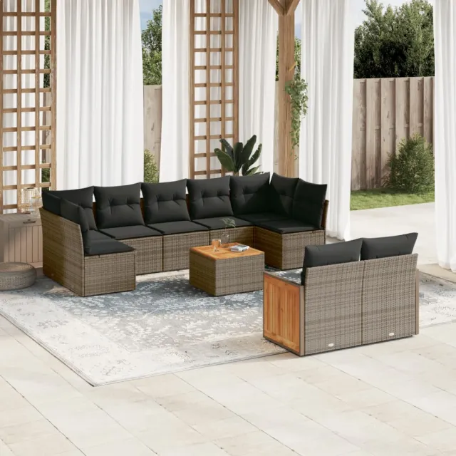 vidaXL 10-delige Loungeset met kussens poly rattan grijs, foto 2