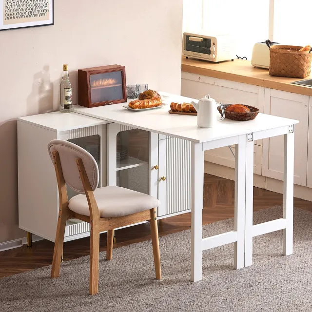 Sweiko Eettafel - Dressoir - Uitschuifbaar tafelblad - Glazen schuifdeuren - Metalen handgrepen - Wit