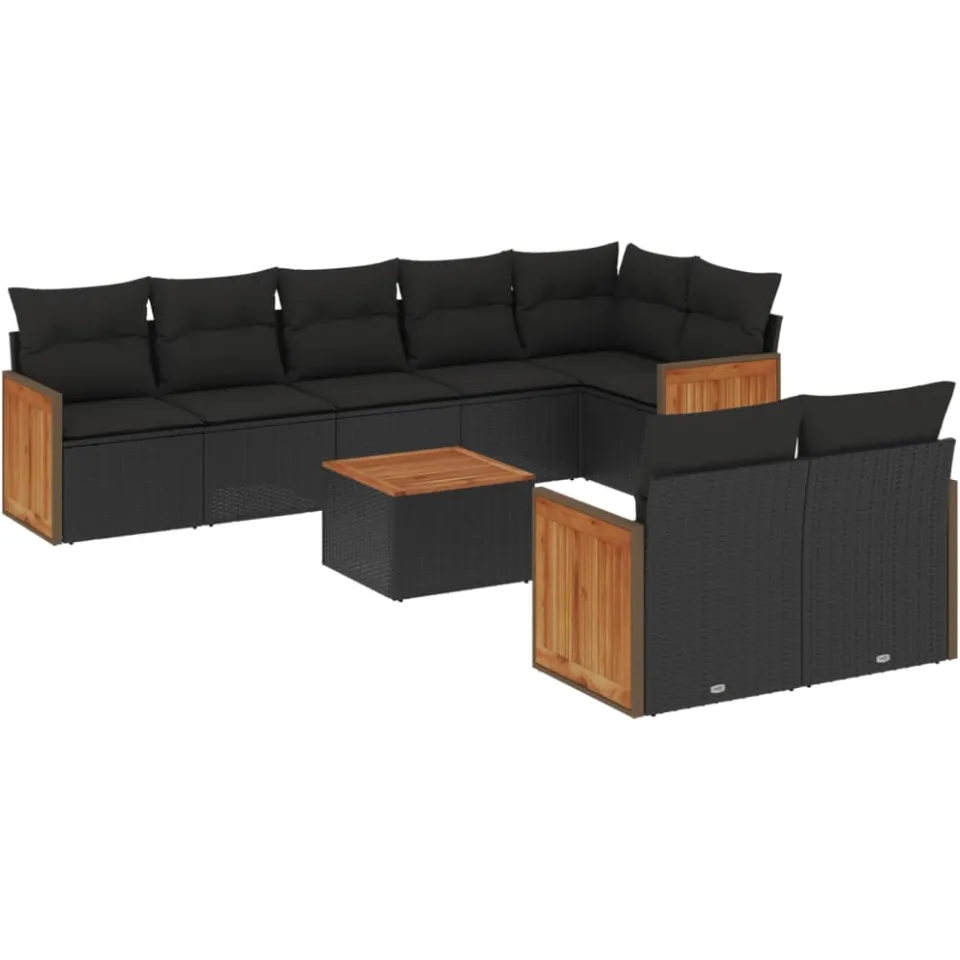vidaXL 9-delige Loungeset met kussens poly rattan zwart, foto 3