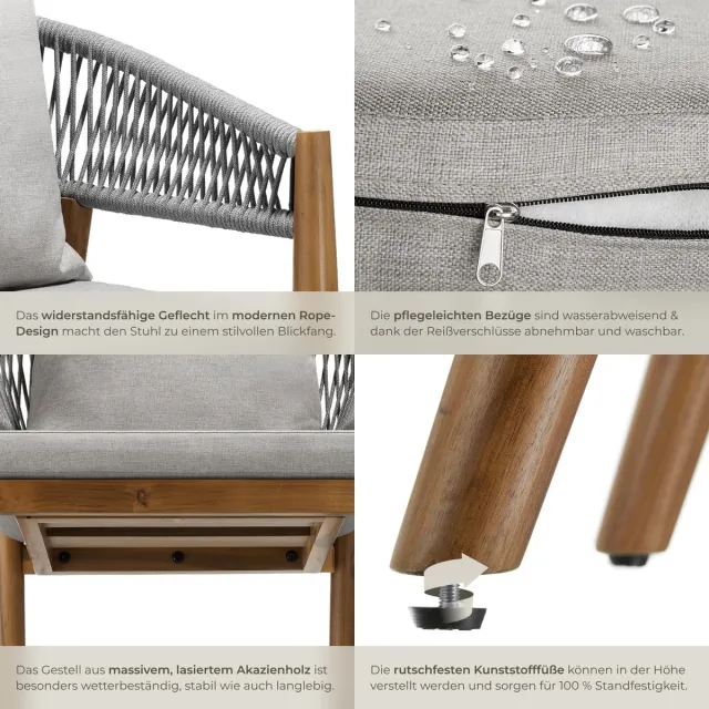 Laura Tuinmeubelset 4-delig - Houten Tuinstoelen met Rope Design & Afneembare Kussens, 58x59x76,5 cm, Weerbestendig Balkon- en Terrasmeubilair, Outdoor Zitgroep, Greige – Laura