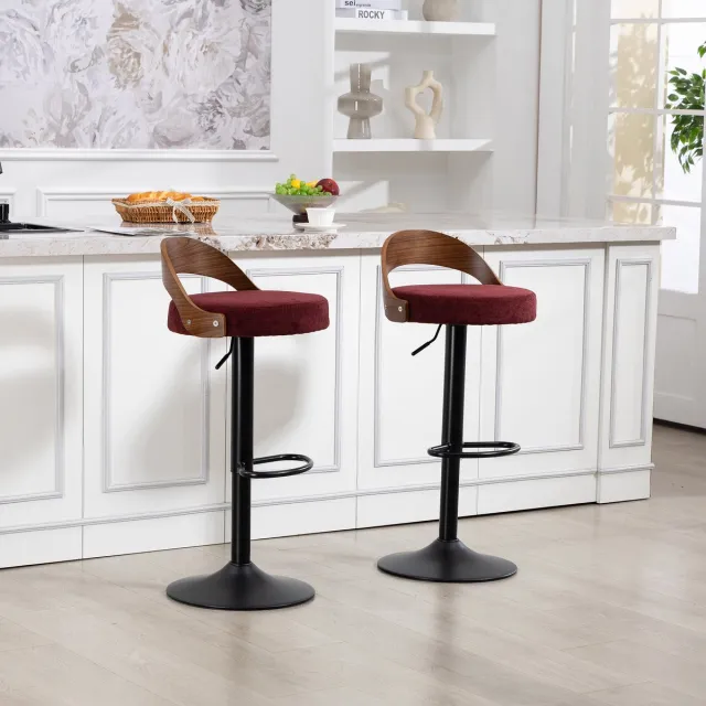 Welltin Bordeauxrood Barkrukken - Set van 2 - PU-Lederen Zitting - 360° Draaibaar - Hoogteverstelbare Barstoelen - Rugleuning van Zwart Walnotenhout - Comfortabele Barkrukken - Keukenkrukken - Barstoelen voor Restaurants - Barkrukken voor Bars