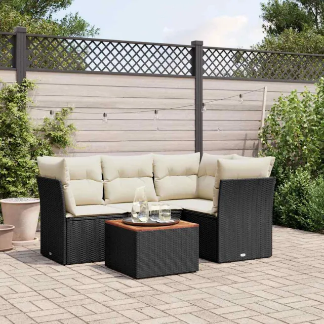 vidaXL 5-delige Loungeset met kussens poly rattan zwart, foto 2