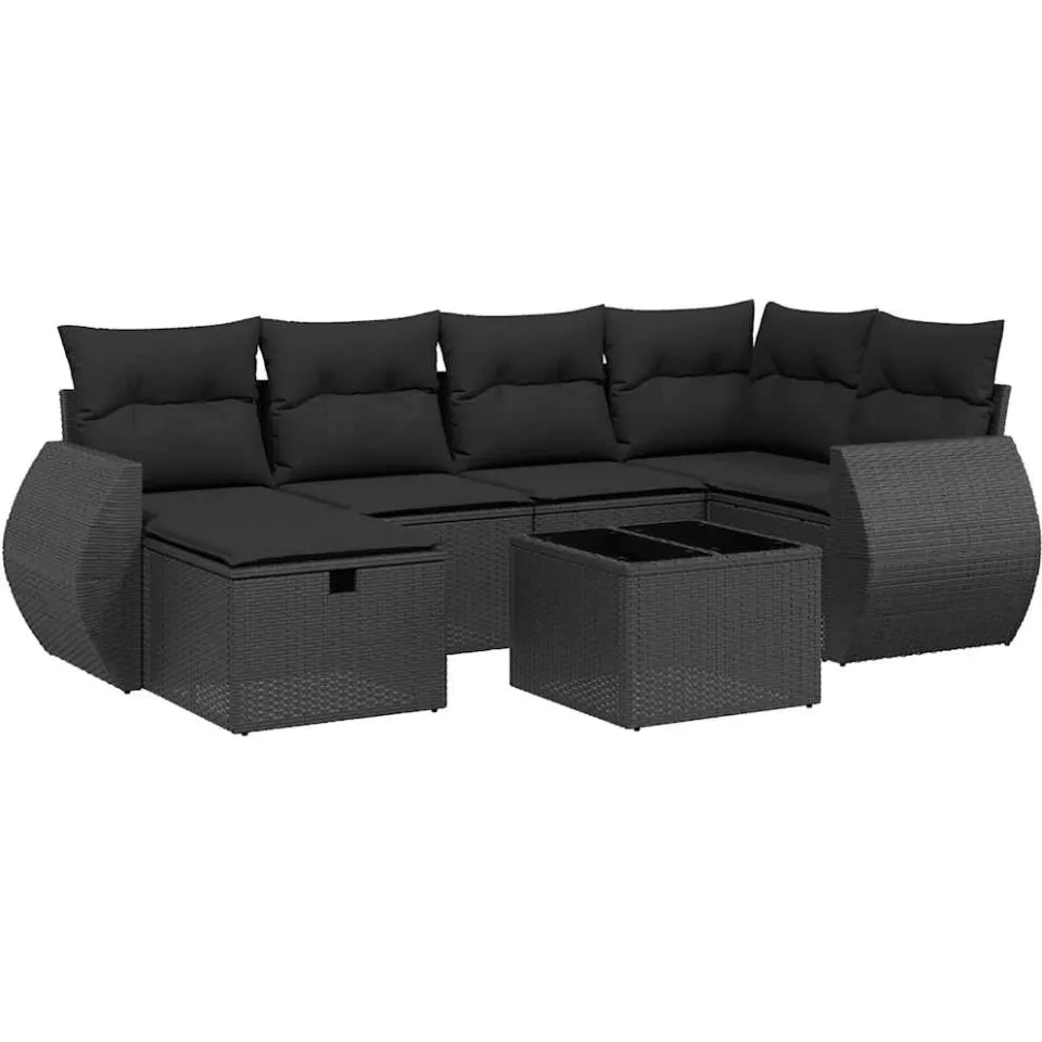 vidaXL 7-delige Loungeset met kussens poly rattan zwart