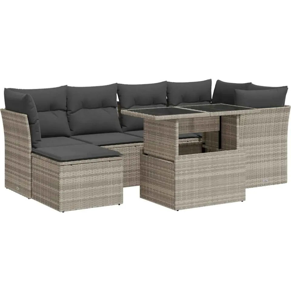 vidaXL 7-delige Loungeset met kussens poly rattan lichtgrijs grijs, foto 3