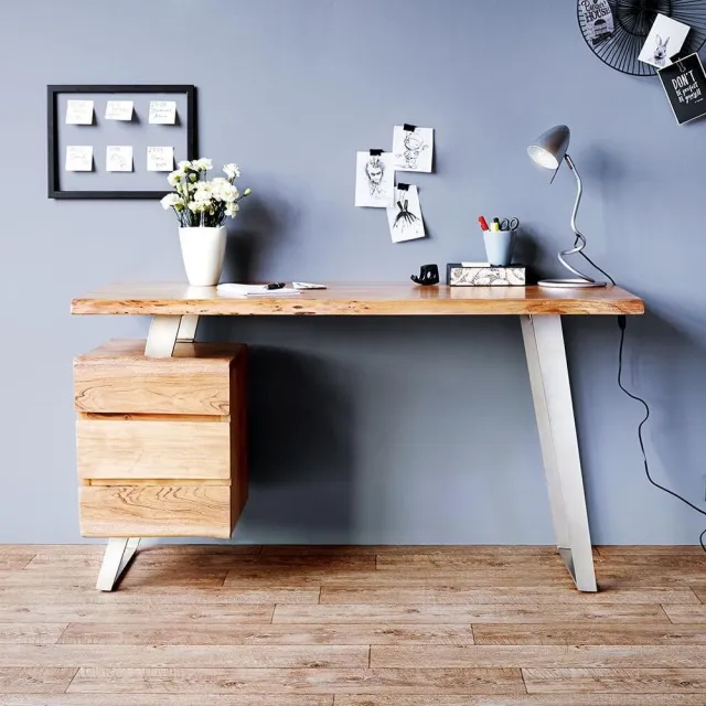 DELIFE Kantoortafel Live-Edge acacia natuur 150x60 massieve boomrand 3 lades bureau Bruin