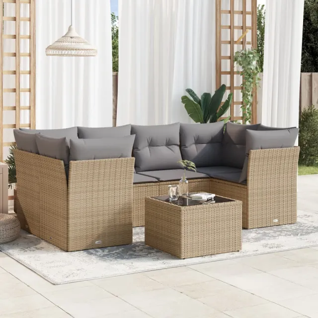 vidaXL 7-delige Loungeset met kussens poly rattan beige, foto 2