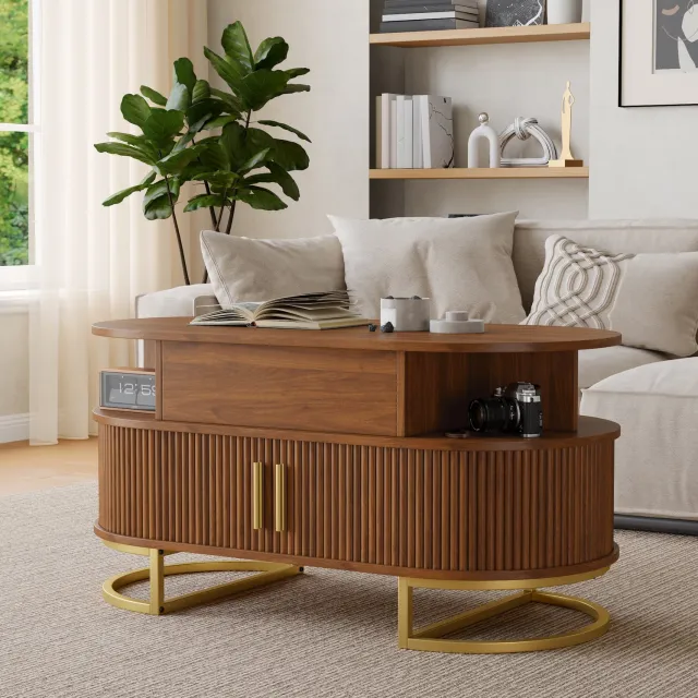 OKWISH Salontafel - Ovaal - Verstelbare Hoogte En Verborgen Opbergruimte - Met Schuifdeuren - Walnootkleurig MDF - 100 x 50 x 64 cm