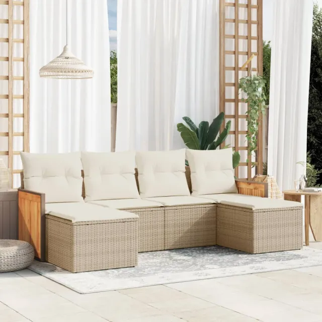 vidaXL 6-delige Loungeset met kussens poly rattan beige, foto 2