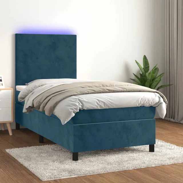 vidaXL Boxspring met matras en LED fluweel donkerblauw 90x190 cm blauw
