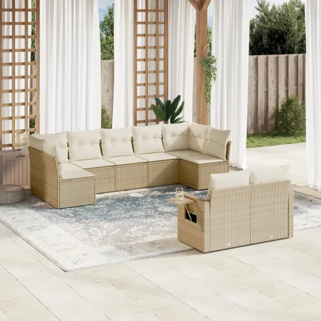 vidaXL 9-delige Loungeset met kussens poly rattan beige, foto 2