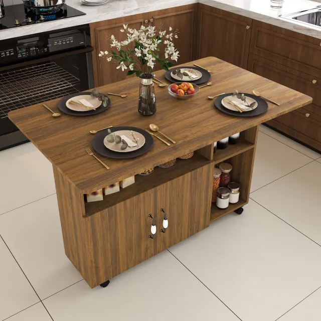 DESMIU Eettafel - Opklapbaar met Twee Tafelbladen en Opbergruimte - Verrijdbaar voor Keuken en Werkkamer - MDF - Walnootkleur - 110x70x80 cm Licht walnootkleurig