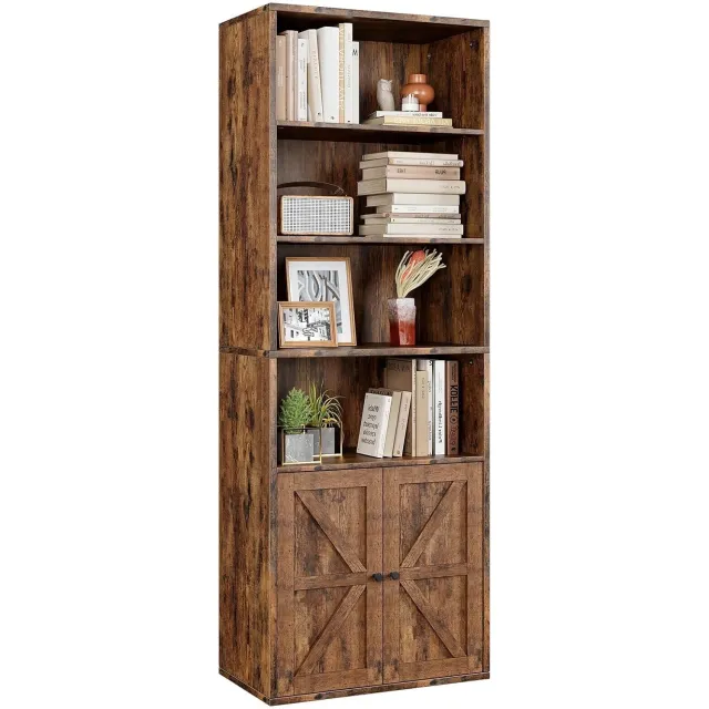 HOERFURIY Bruine boekenkast set 2 stuks 6 niveaus, industrieel landelijk met open planken en schuur schuifdeuren retro kleur