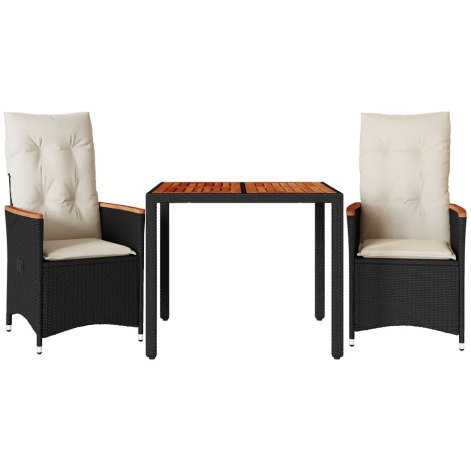 vidaXL 3-delige Bistroset met kussens poly rattan zwart, foto 3