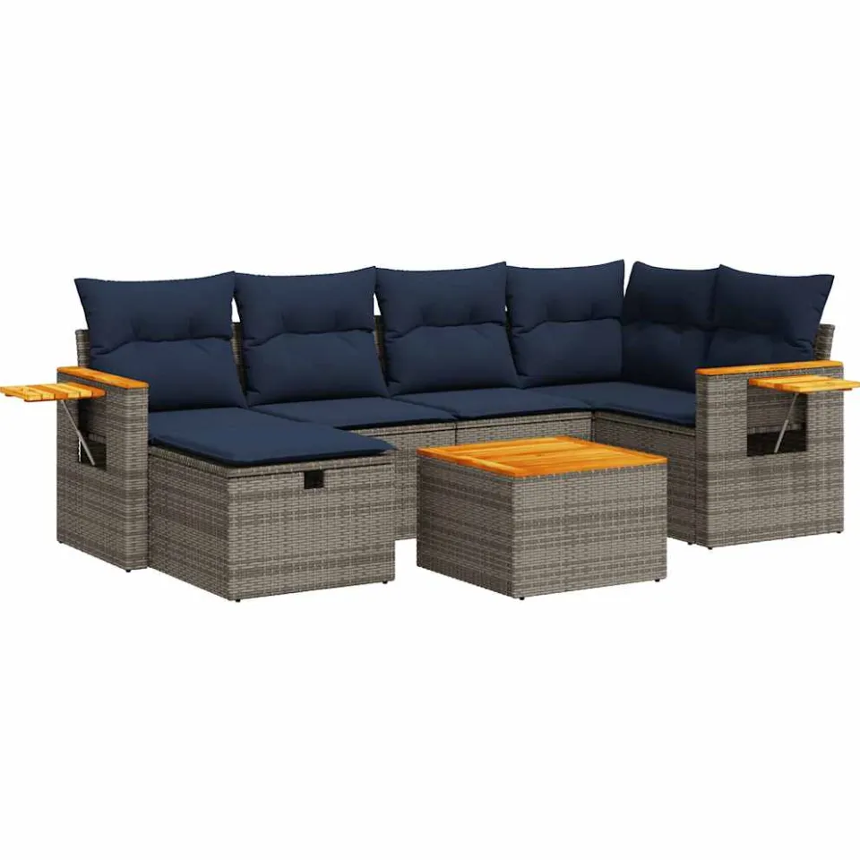 vidaXL 7-delige Loungeset met kussens poly rattan grijs, foto 3