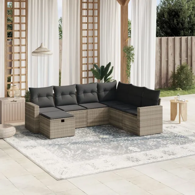 vidaXL 7-delige Loungeset met kussens poly rattan lichtgrijs grijs, foto 2