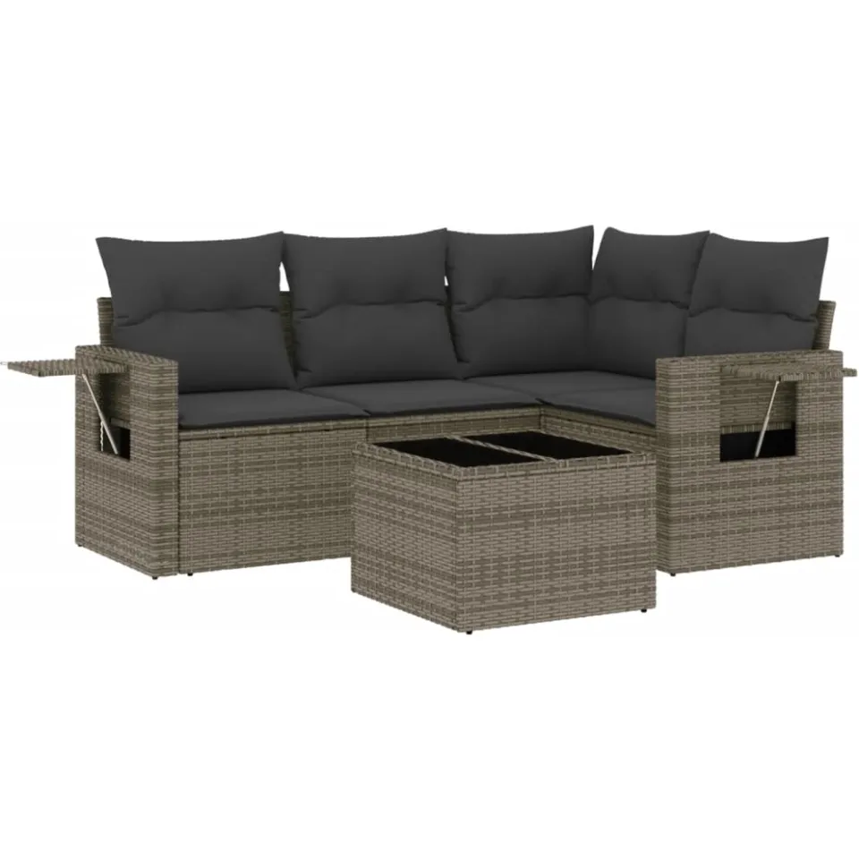 vidaXL 5-delige Loungeset met kussens poly rattan grijs, foto 4