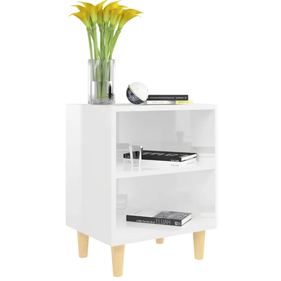 vidaXL Nachtkastjes 2 st met houten poten 40x30x50 cm hoogglans wit