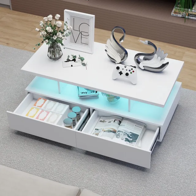 Puluomis Salontafel - Bijzettafel met 2 lades - RGB Verlichting - 105x50x41.5 cm - Koffietafel voor woonkamer - Wit