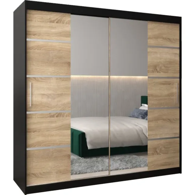 AJE Meubles B.V. InspireMe - Kledingkast met 2 schuifdeuren, Modern-stijl, Kledingkast met planken (BxHxD): 200x200x62 - VENTILA IV 200 Zwart Mat + Sonoma Eik met 4 lades
