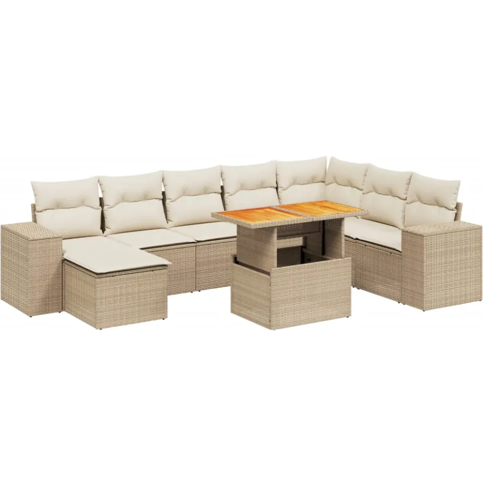 vidaXL 9-delige Loungeset met kussens poly rattan beige, foto 3