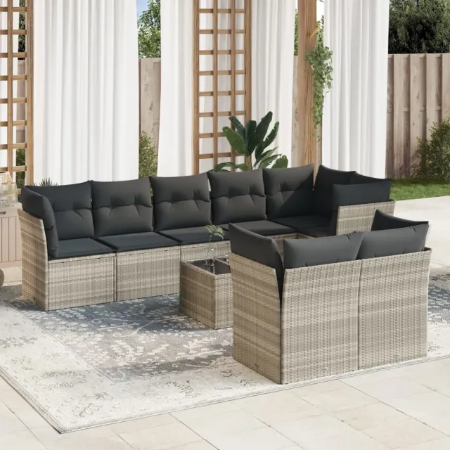vidaXL 9-delige Loungeset met kussens poly rattan lichtgrijs grijs, foto 2