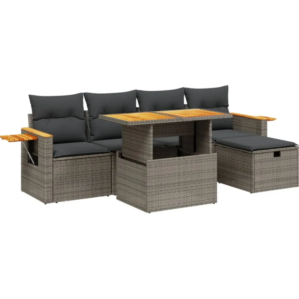 vidaXL 6-delige Loungeset met kussens poly rattan grijs, foto 3