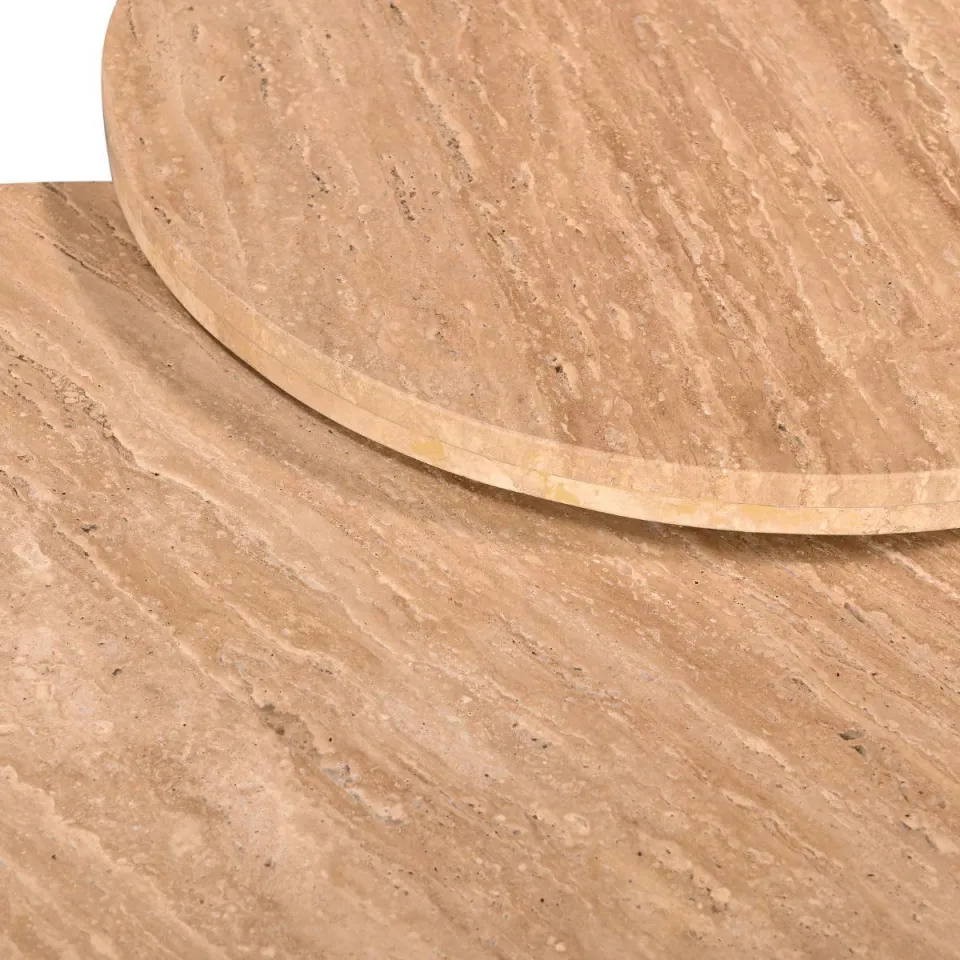 Giga Meubel Salontafel Leno Rond - Travertin/Hout - Naturel - Set van 2, foto 6