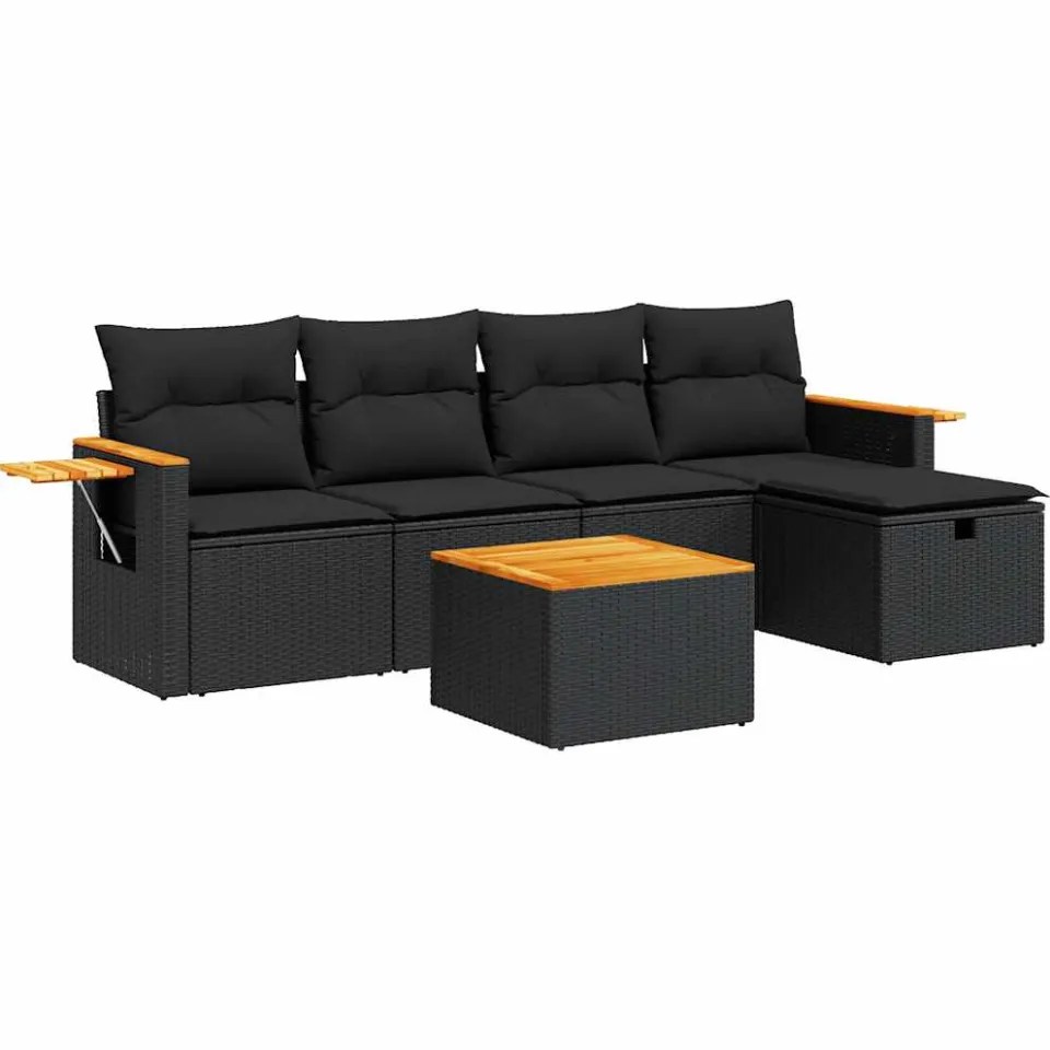 vidaXL 6-delige Loungeset met kussens poly rattan zwart, foto 3