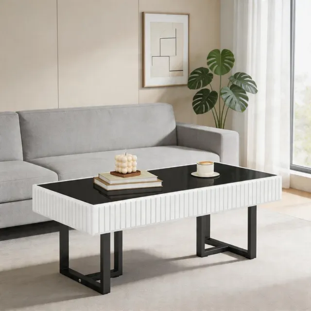 KOMHTOM Moderne klassieke salontafel in zwart-wit - Hoogglanzend zwart tafelblad - Woonkamertafel van 110×50,5×41 cm Zwart, wit