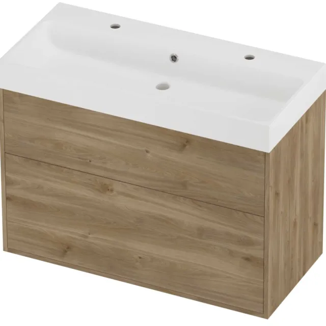 Proline Podium Badmeubelset Polystone Loft 2 Kraangaten 100x46x75 cm Mat White Cider Oak Eiken