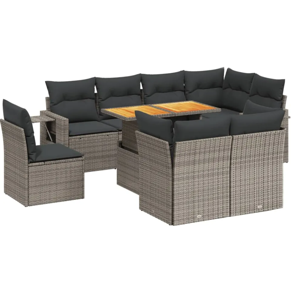 vidaXL 9-delige Loungeset met kussens poly rattan grijs