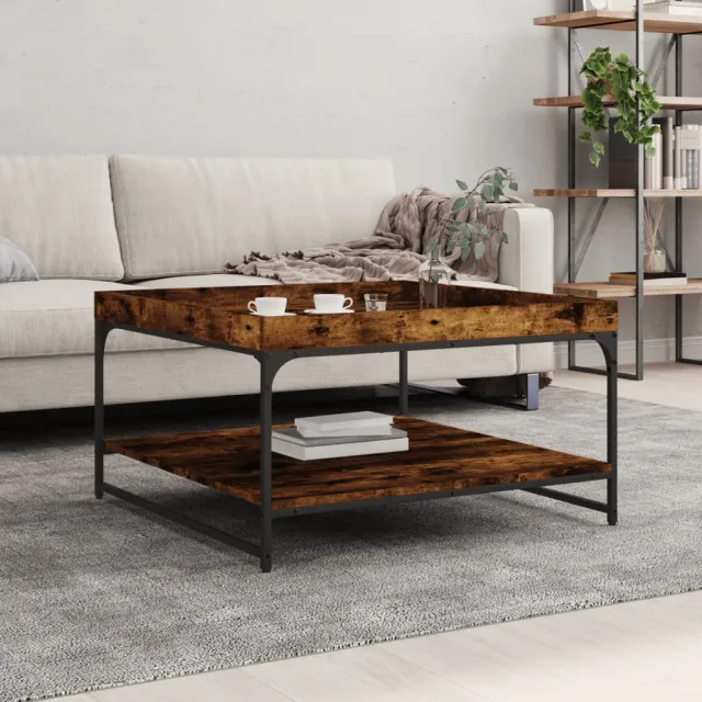 vidaXL Salontafel 80x80x45 cm bewerkt hout en ijzer gerookt eikenkleur, foto 2