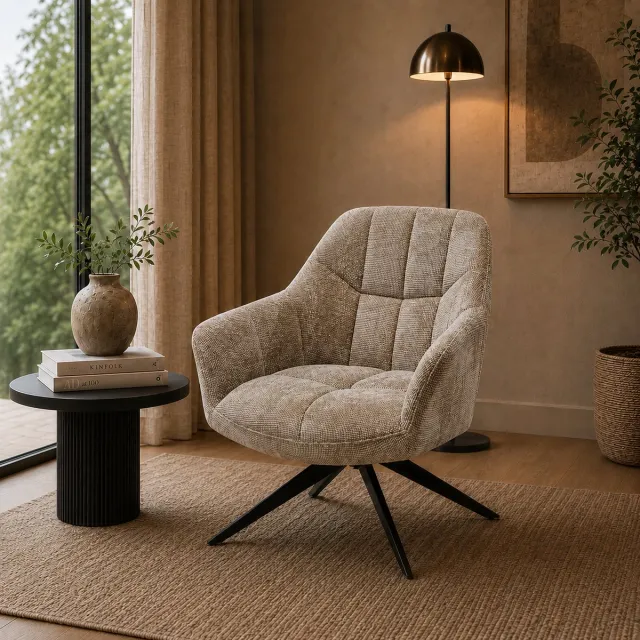 The Seats Fauteuil Amy – Luxe Draaibare Loungestoel – Polyester Stof – 360° Draaibaar - Taupe