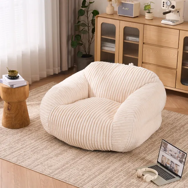 Ropilly Zitzak voor volwassenen - Beige corduroy loungestoel - Voorgevuld en ergonomisch - Zacht ribfluweel - Voor woonkamer en slaapkamer - 116x110x61 cm