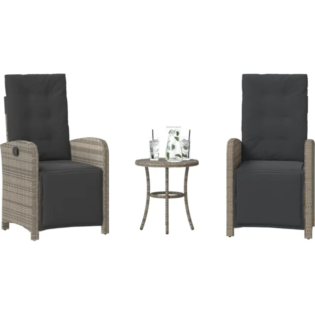 vidaXL 3-delige Bistroset met kussens poly rattan grijs