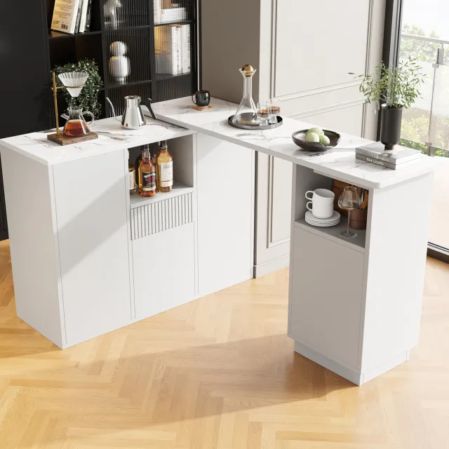 Maisentiel Draaibare bartafel met opbergruimte - wit, marmerlook - 210 x 30 x 100,9 cm