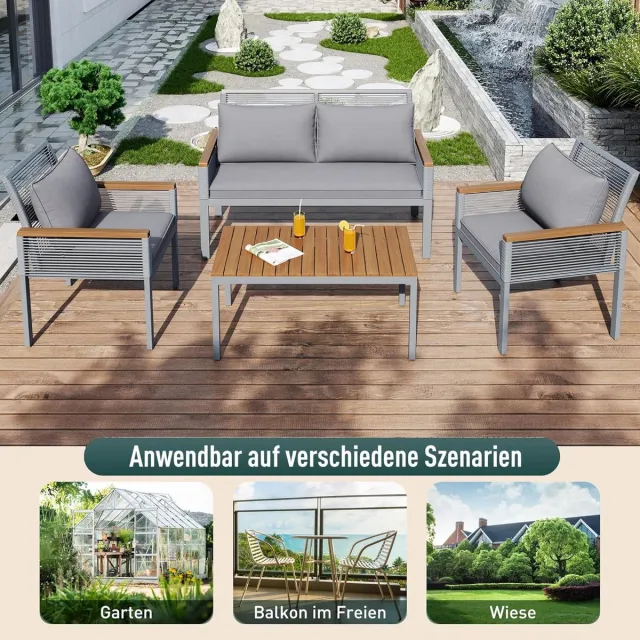 Laura Loungeset 4-delig 109x67x75 cm – Polyrotan Tuinset met Tafel en Kussens – Weerbestendig Stalen Frame & Acaciahout – Moderne Tuinmeubel Set voor Balkon, Terras & Tuin – Grijs – Laura