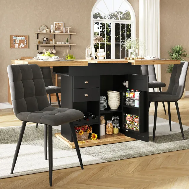DESMIU Eettafel Uitschuifbaar Met Opbergruimte En Wijnrek Voor Keuken En Woonkamer MDF Metaal Zwart Naturel 110 Tot 140 X 80 Cm