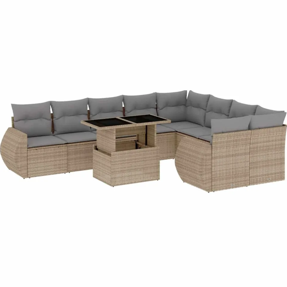 vidaXL 10-delige Loungeset met kussens poly rattan beige, foto 3