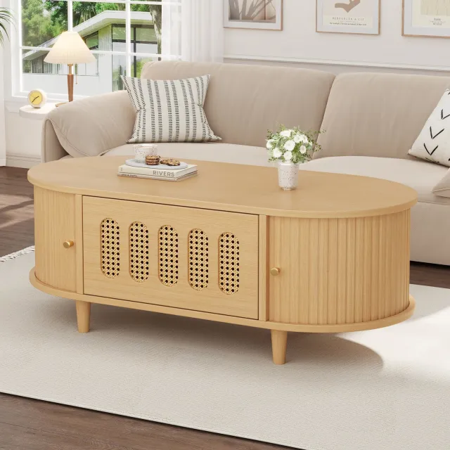 FloraGrace Salontafel - Ovaal Met Lade En Twee Roldeuren - Voor Woonkamer Met Rotanmotief - MDF - Naturel - 100x50x40 Cm